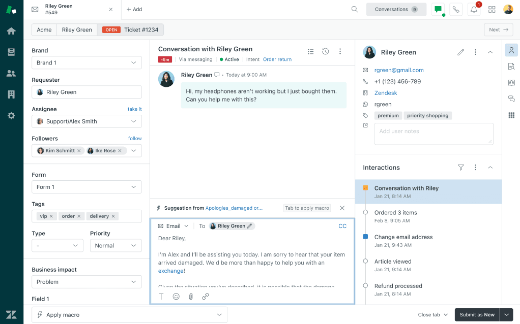 Zendesk AI Suggested Replies Interface