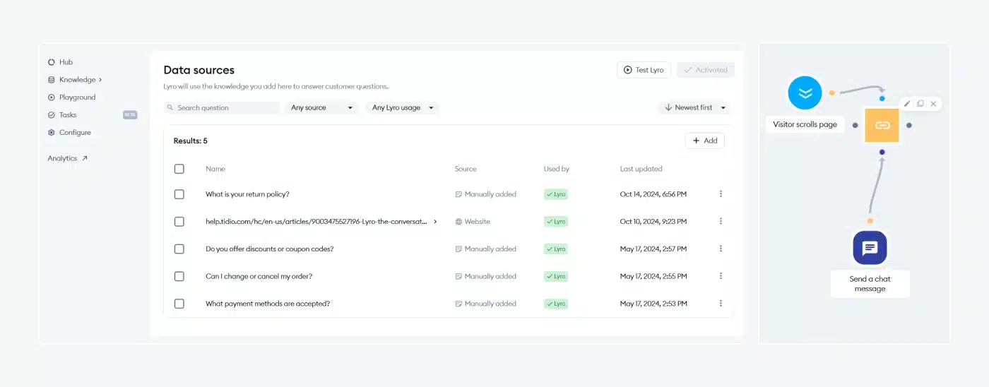 Tidio Lyro Data Sources and Flow Builder Interface