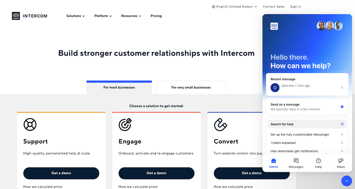 Intercom customer support chatbot interface