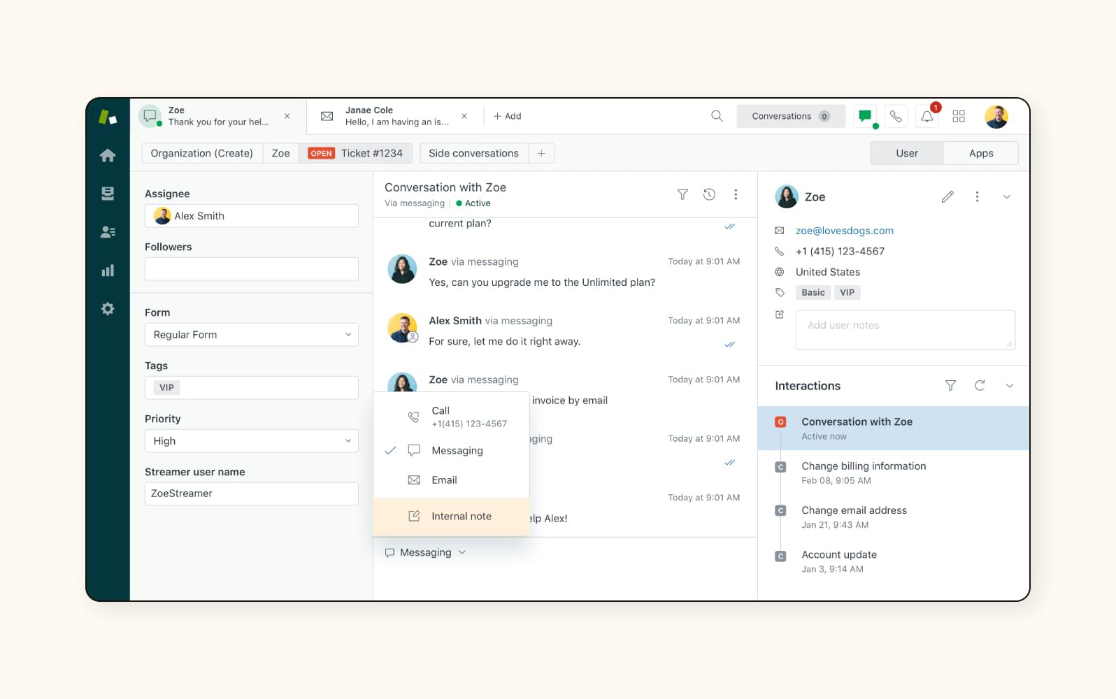 Zendesk customer service platform interface