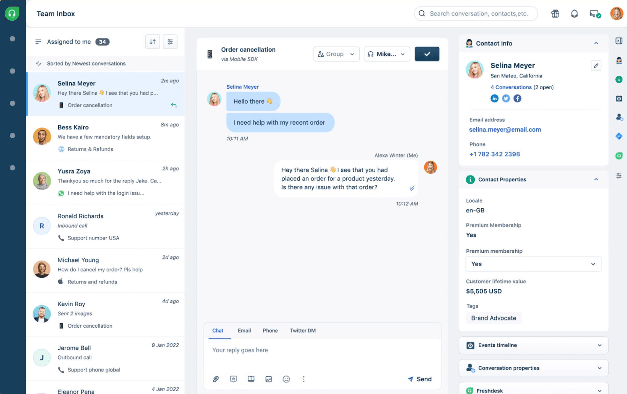 Freshdesk contact center interface showing integration capabilities