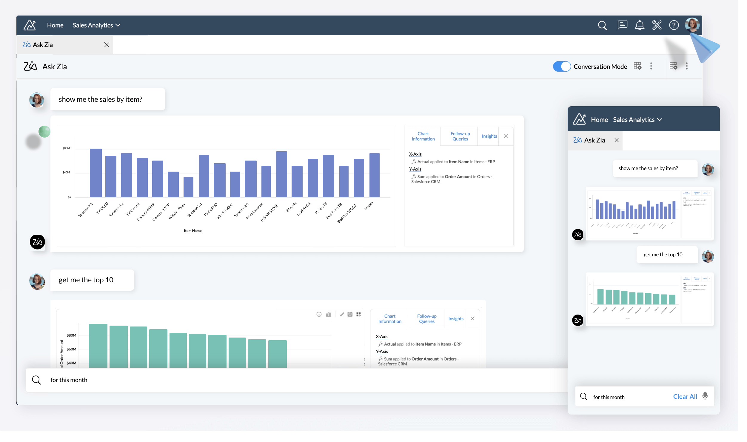 Zoho CRM Zia AI Analytics Interface