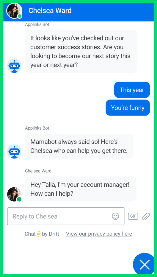 Drift AI chatbot customer support interface