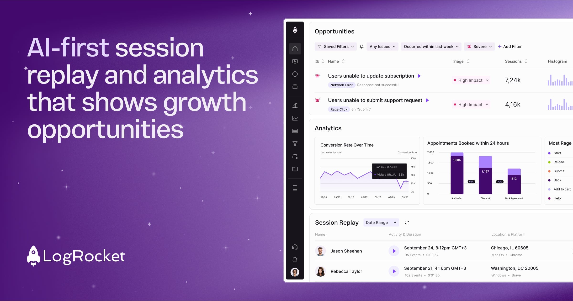 LogRocket session replay analytics dashboard