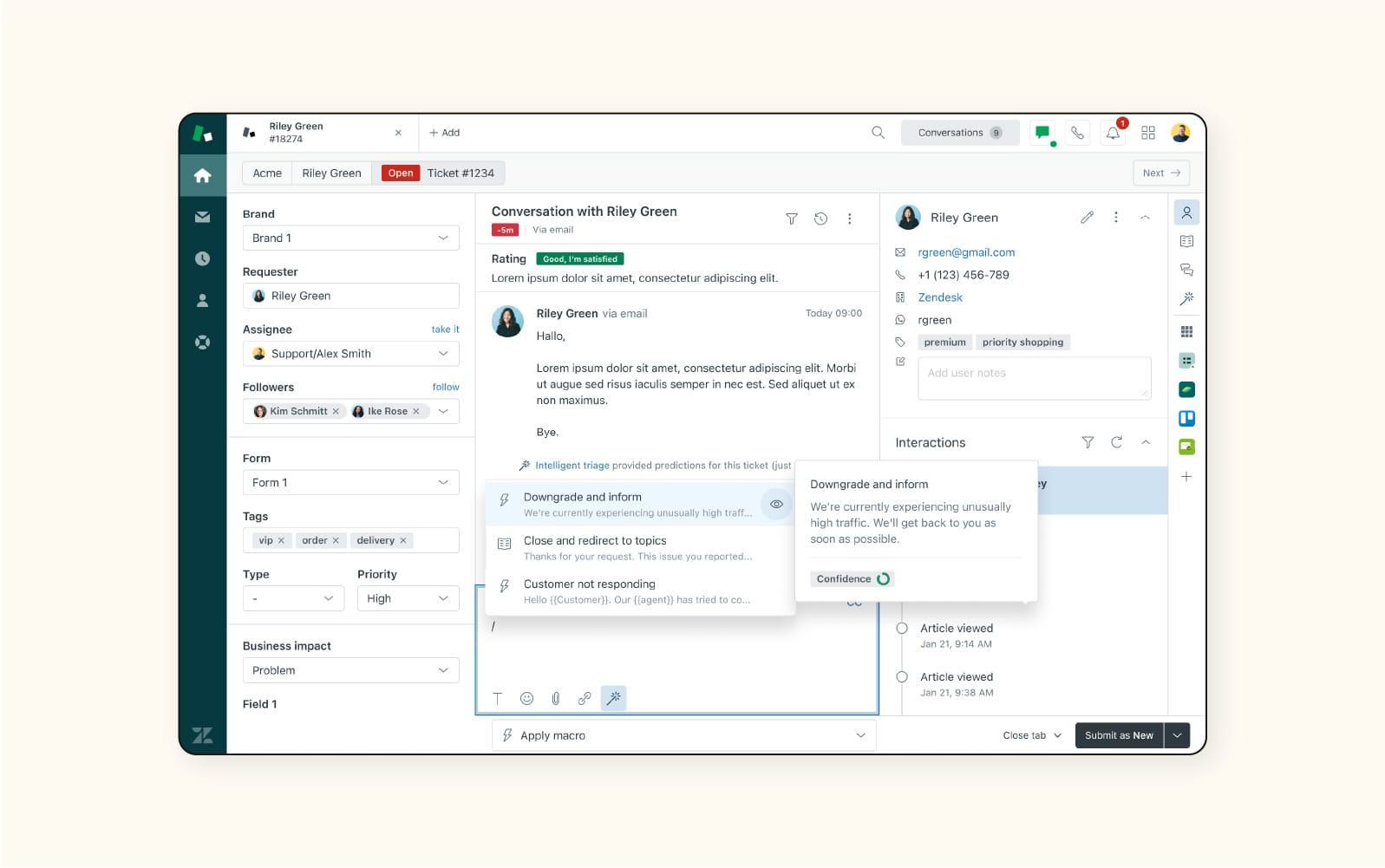 Zendesk AI helpdesk dashboard interface